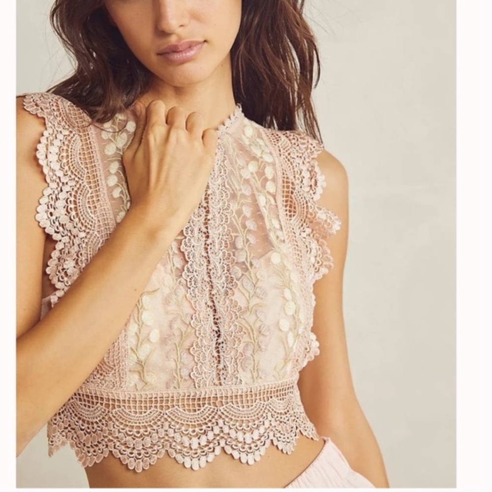 Free People Bisoux Lace Embroidered Top